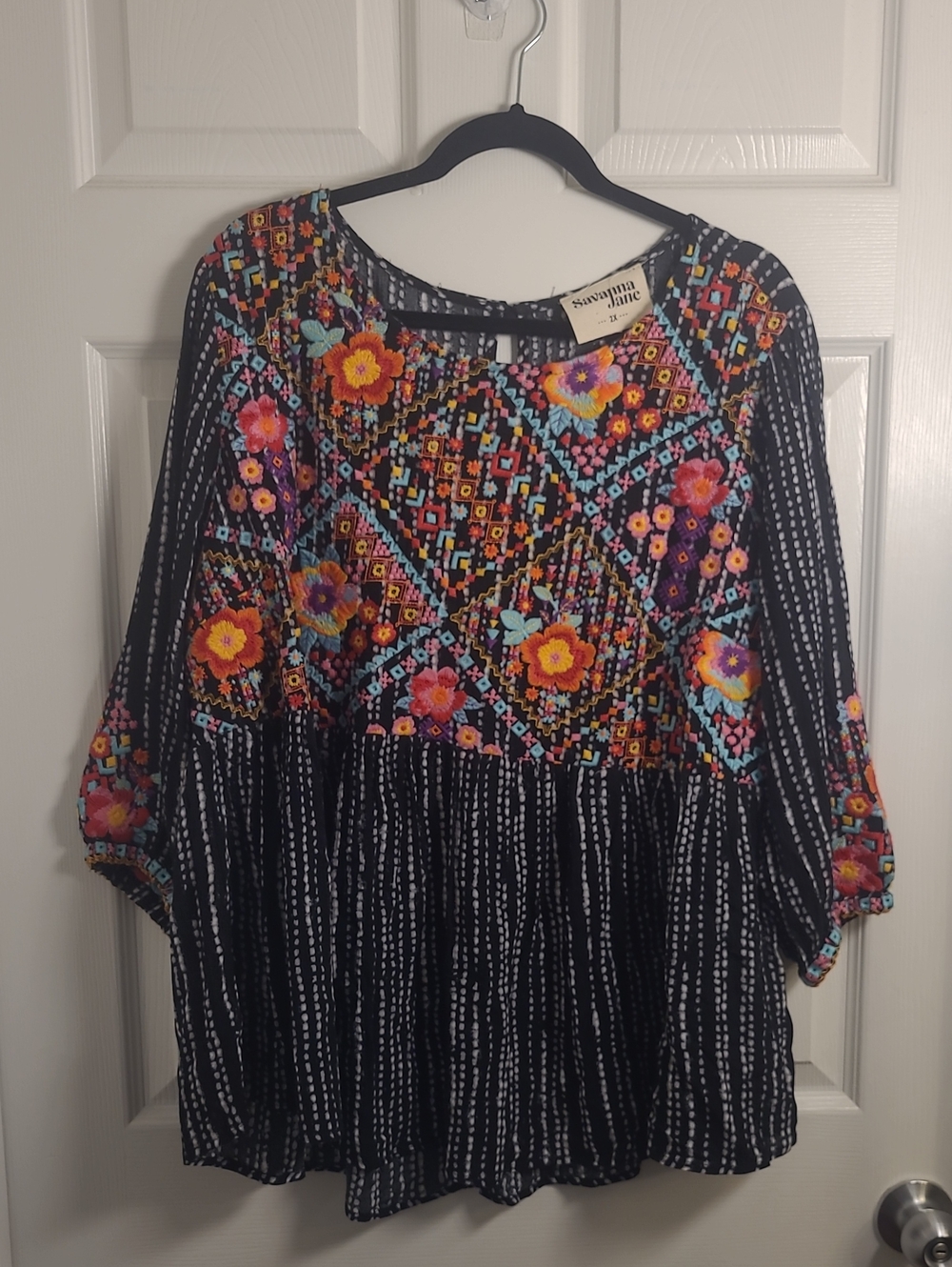 Savanna Jane Embroidered Boho Peasant Blouse Plus Size 2X Black Multicolor